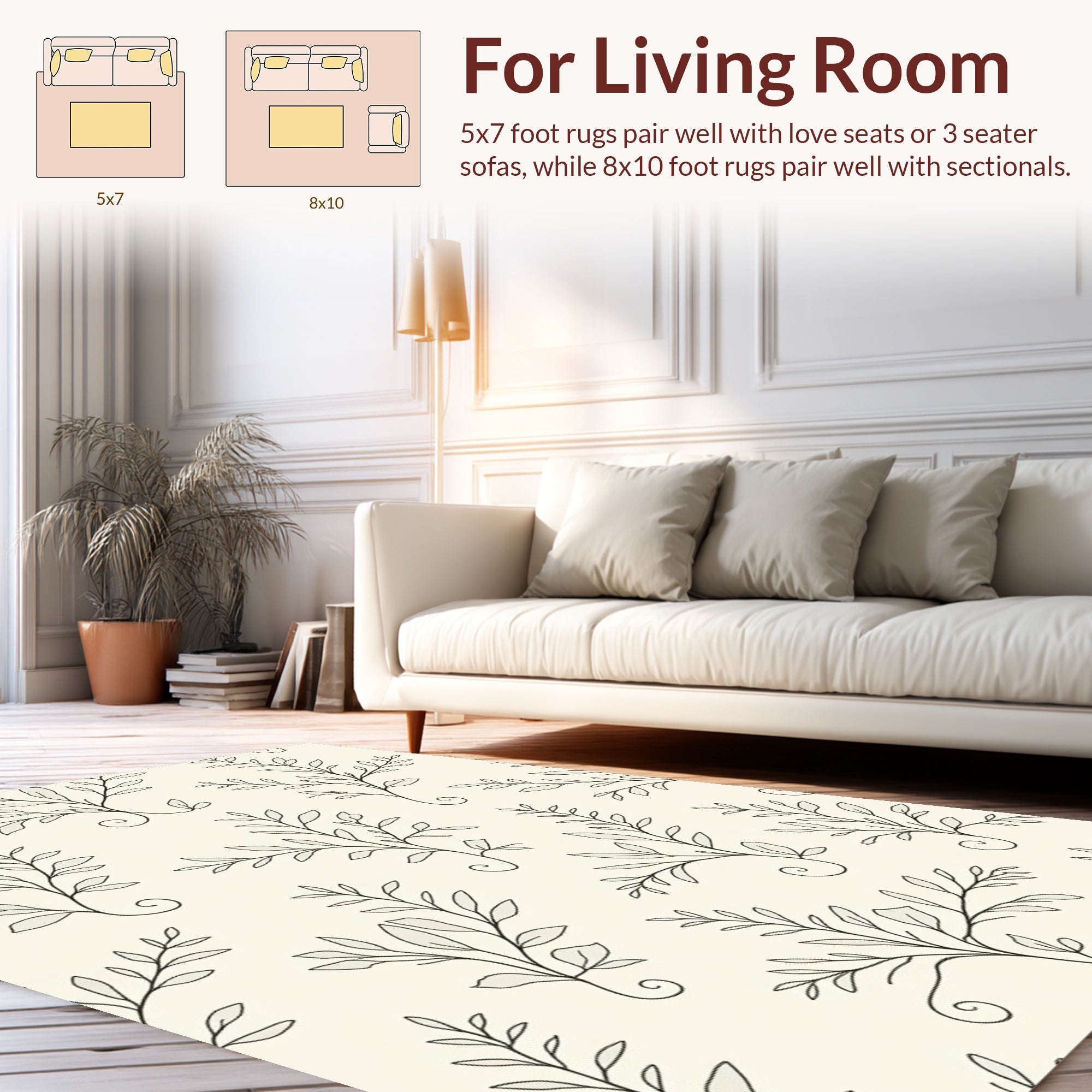 Botanical Outline Patterned Cream Rug