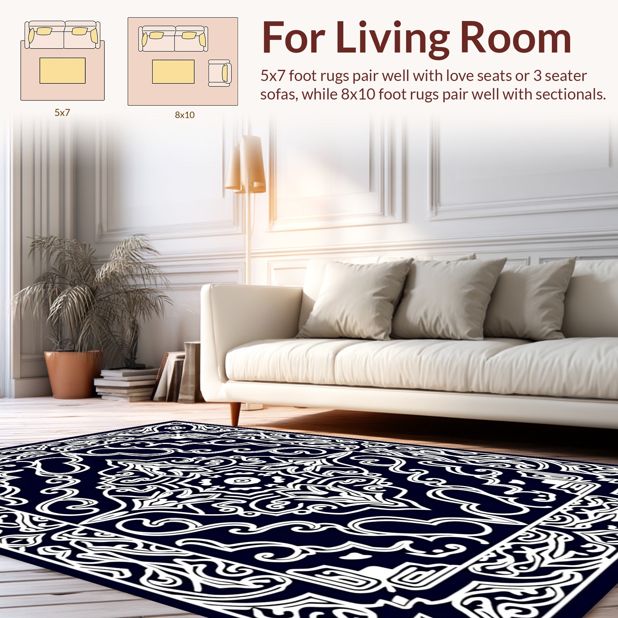 Ornate White On Navy Mandala Rug