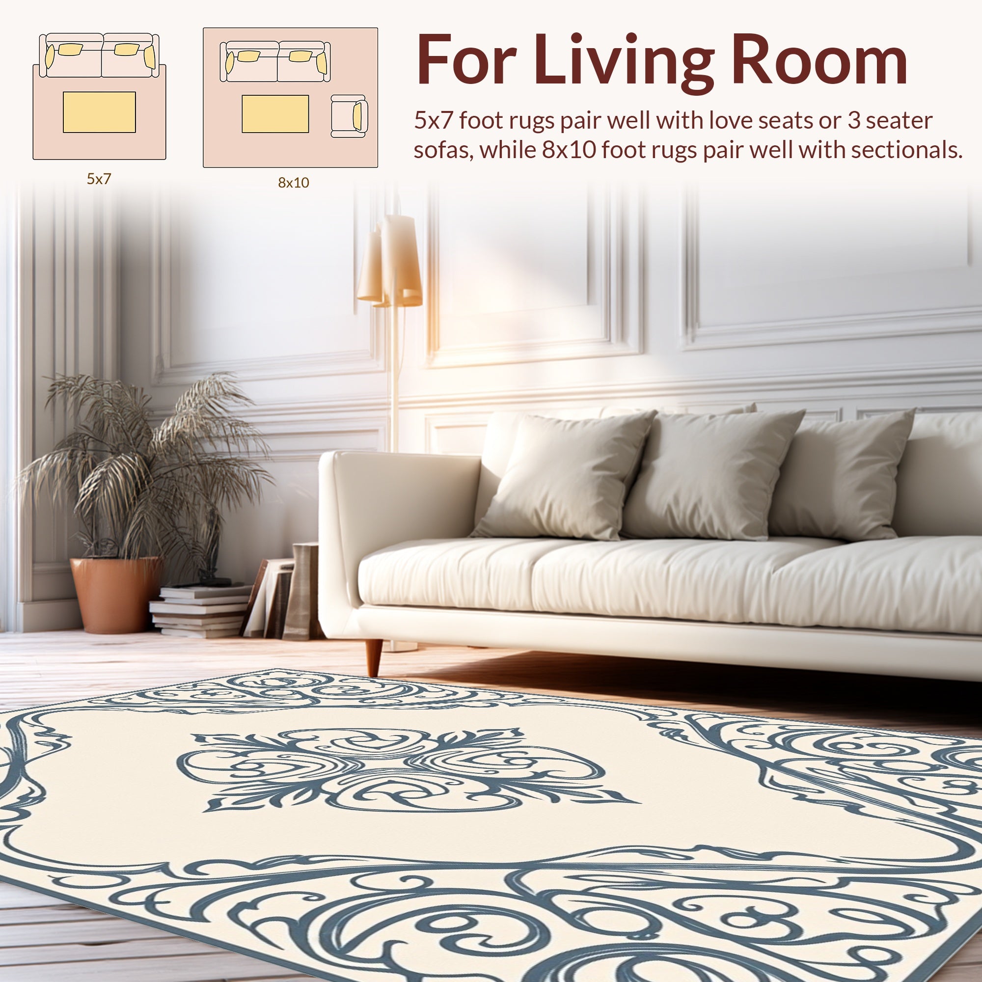 Elegant Swirl Floral Cream Blue Rug