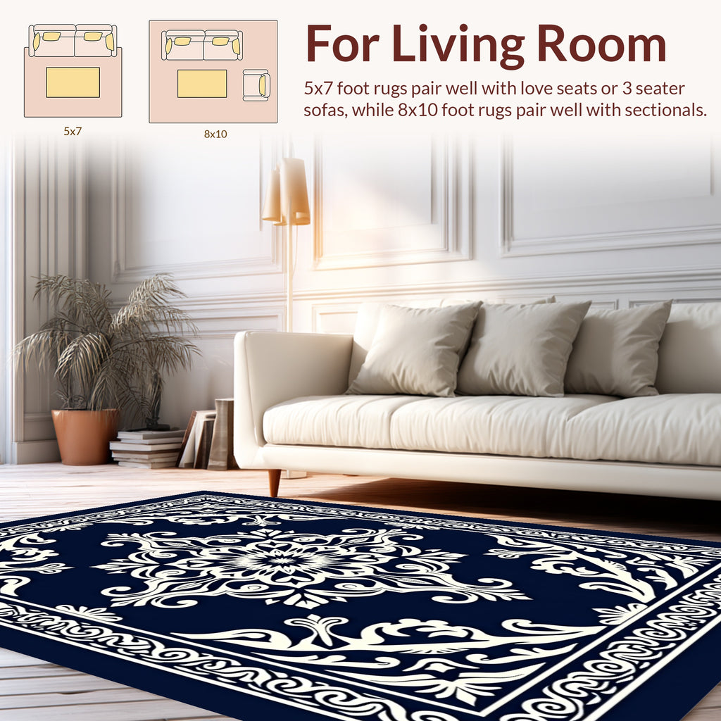Deep Blue White Intricate Floral Pattern Rug