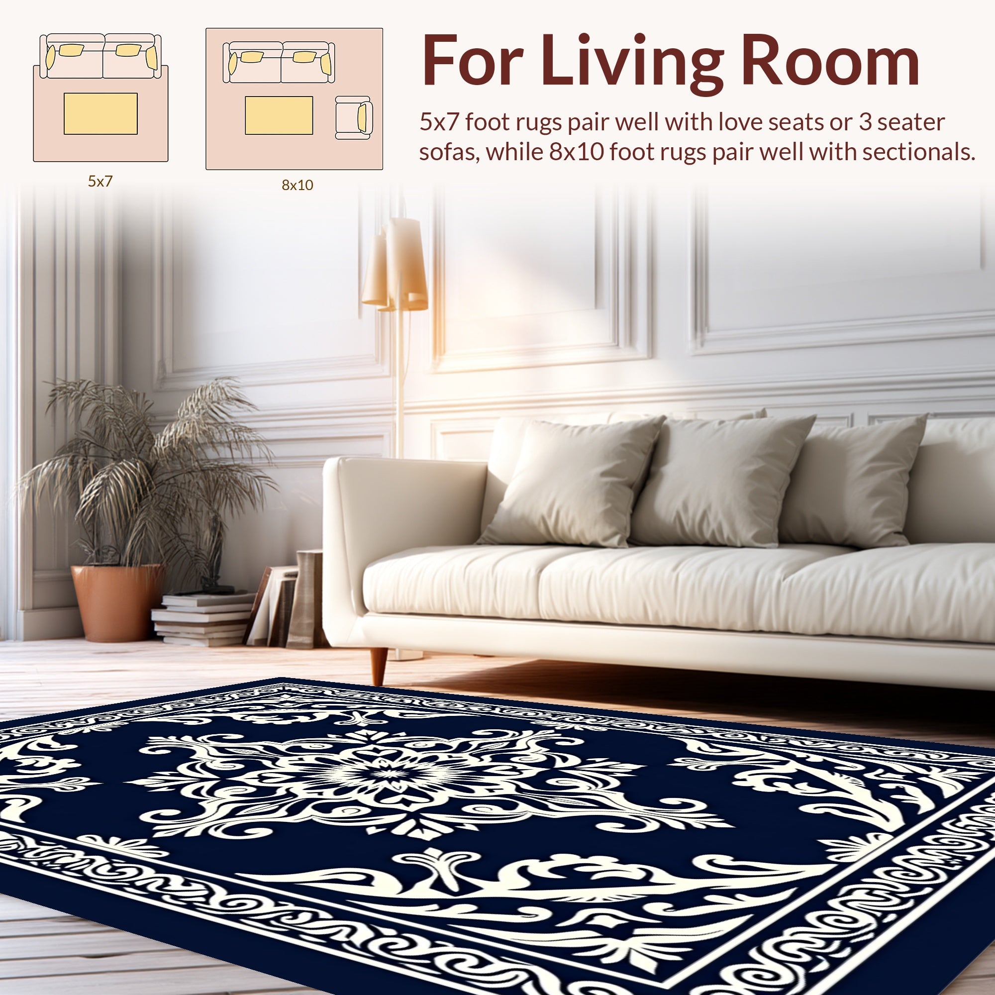 Deep Blue White Intricate Floral Pattern Rug