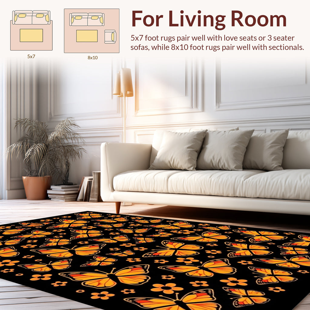 Orange Butterfly Patterned Black Rug