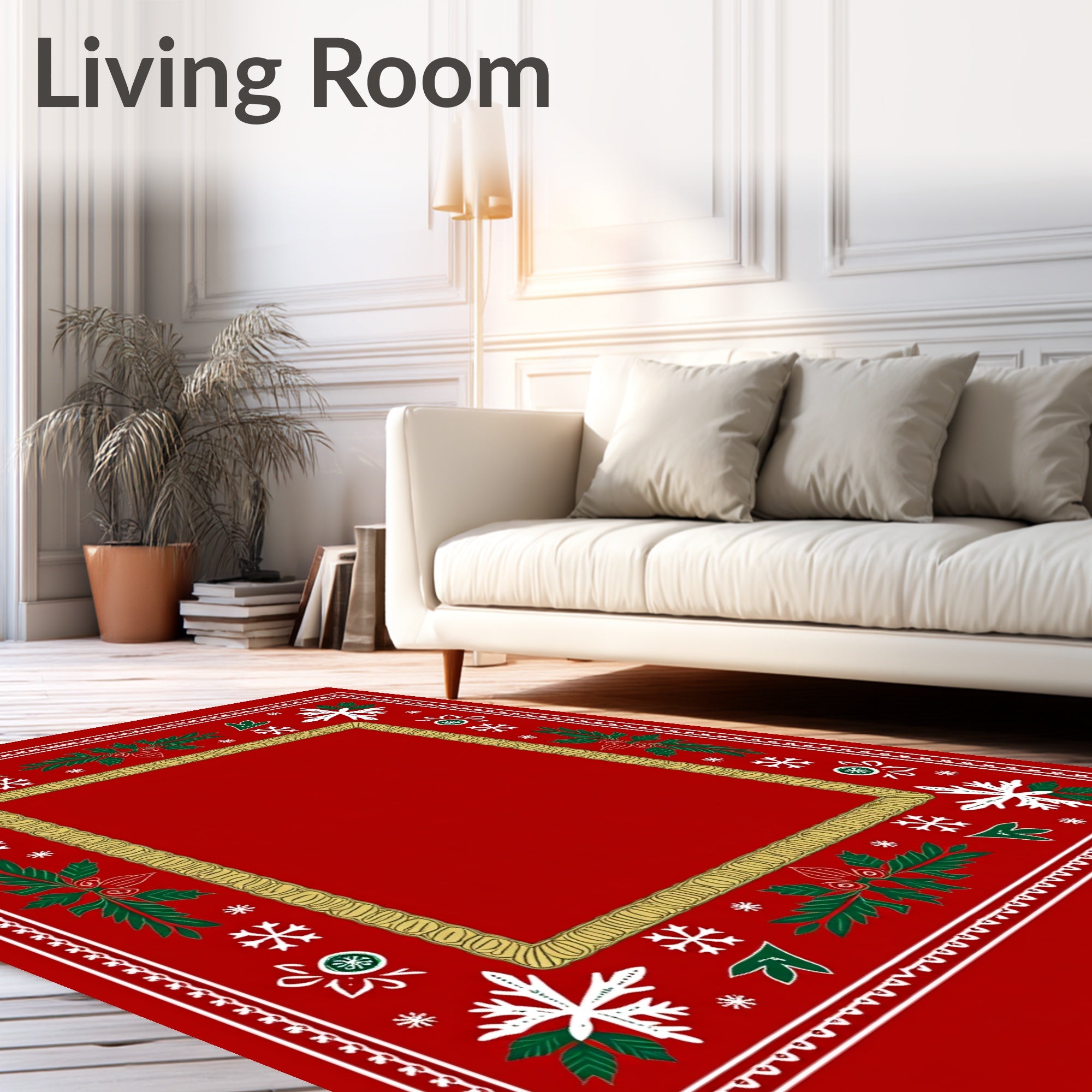 Festive Red Snowflake Holly Border Rug