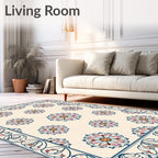 Cream Pink Blue Floral Medallion Border Rug