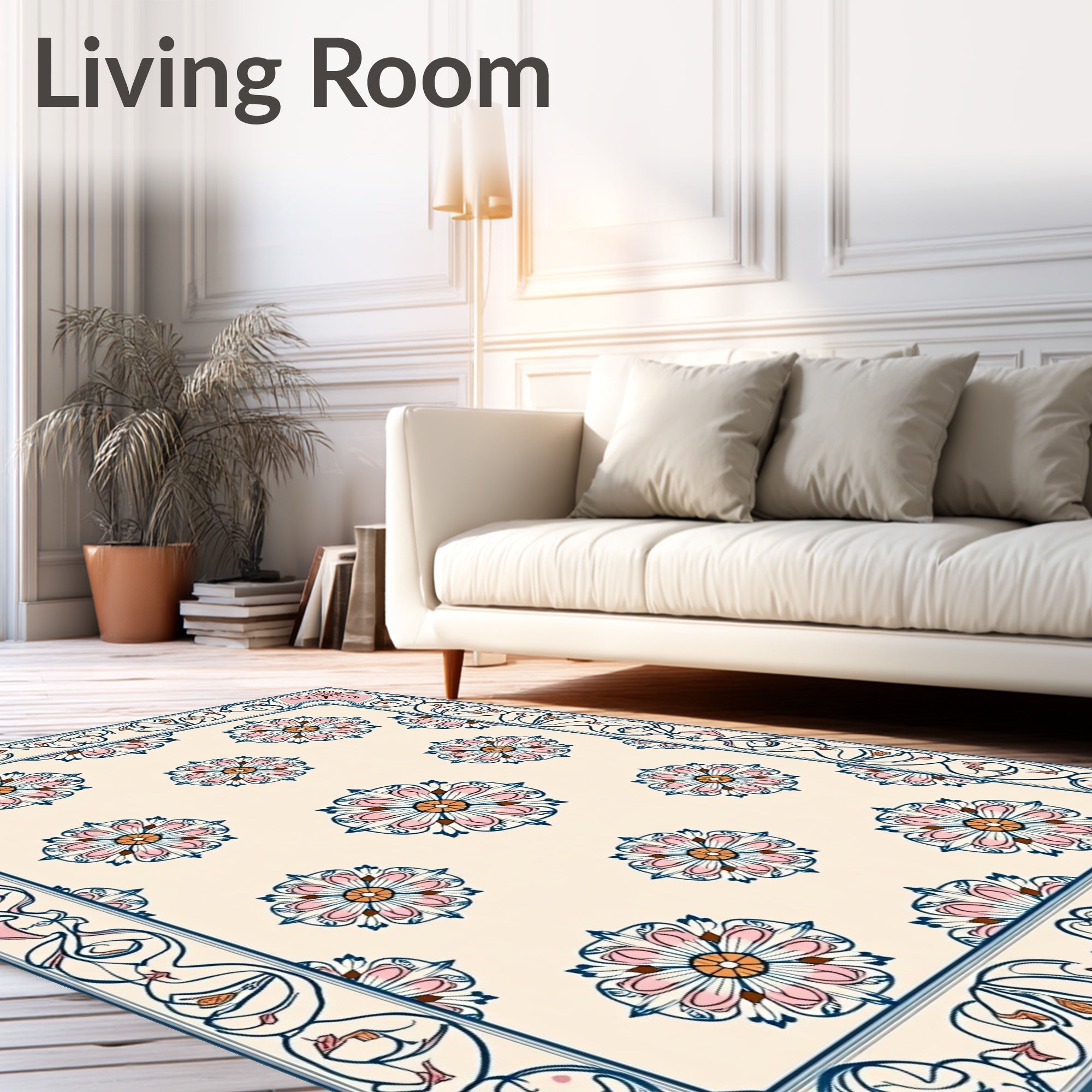 Cream Pink Blue Floral Medallion Border Rug