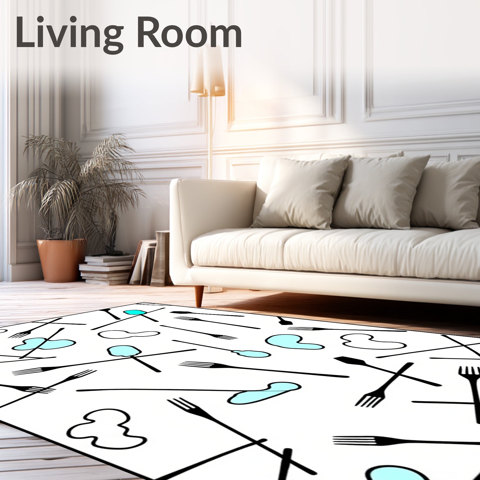 Playful Aqua Blob and Fork Collage Rug