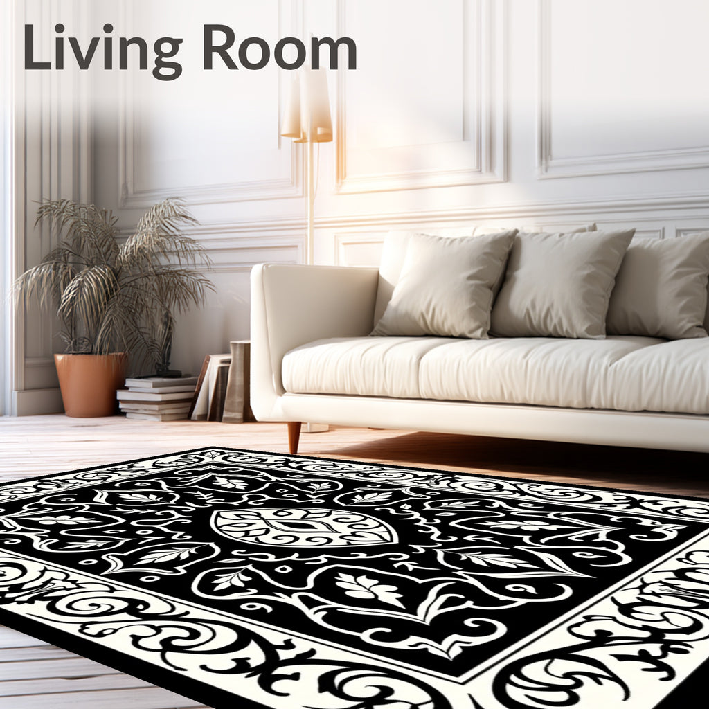 Intricate Black Ivory Floral Pattern Square Rug