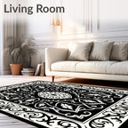 Intricate Black Ivory Floral Pattern Square Rug