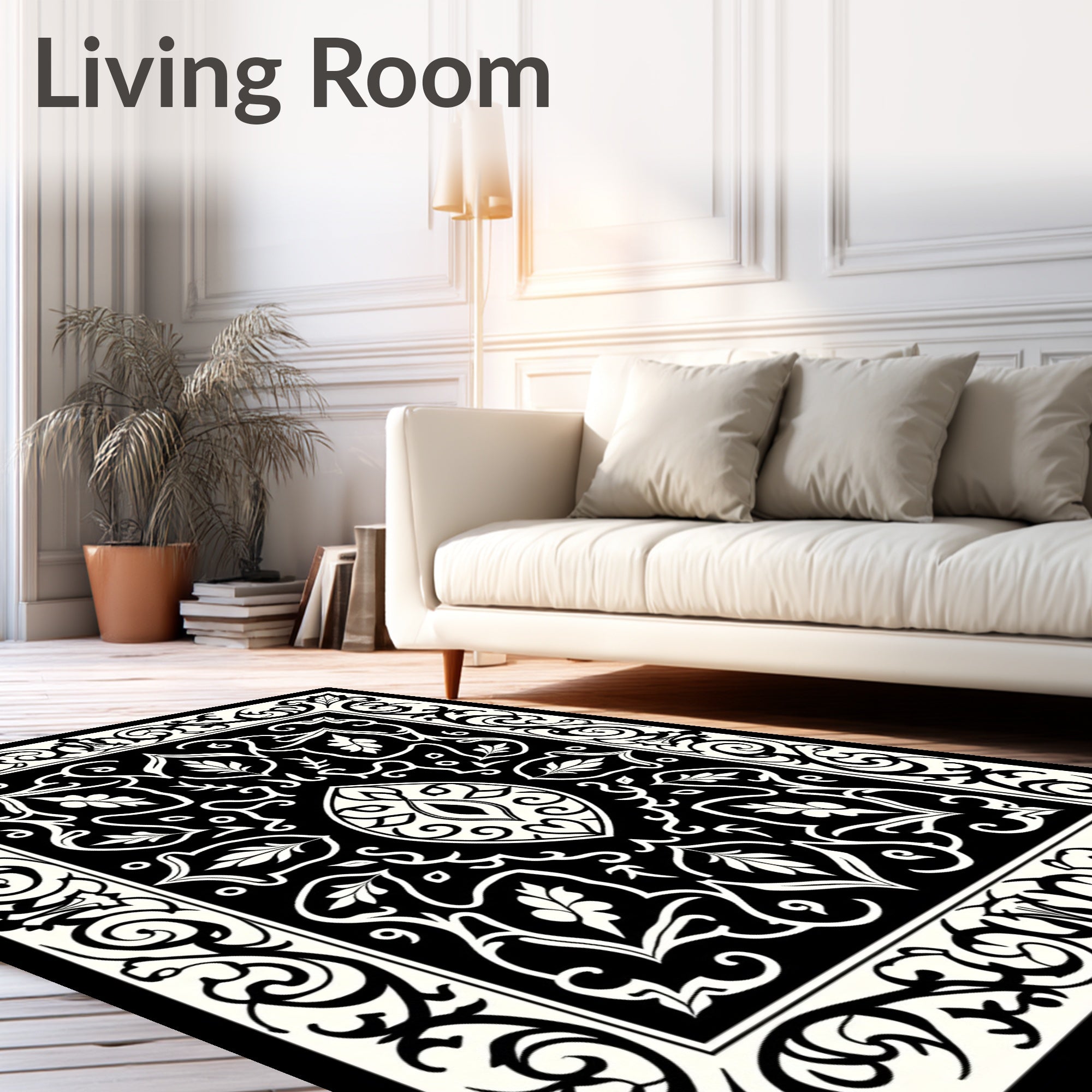 Intricate Black Ivory Floral Pattern Square Rug