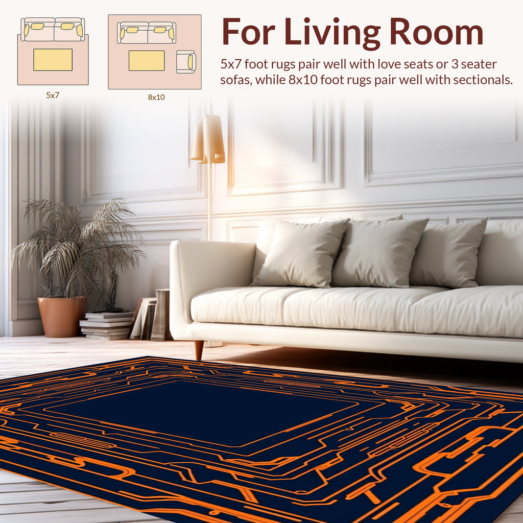 Orange Circuit Board Geometric Design Rug
