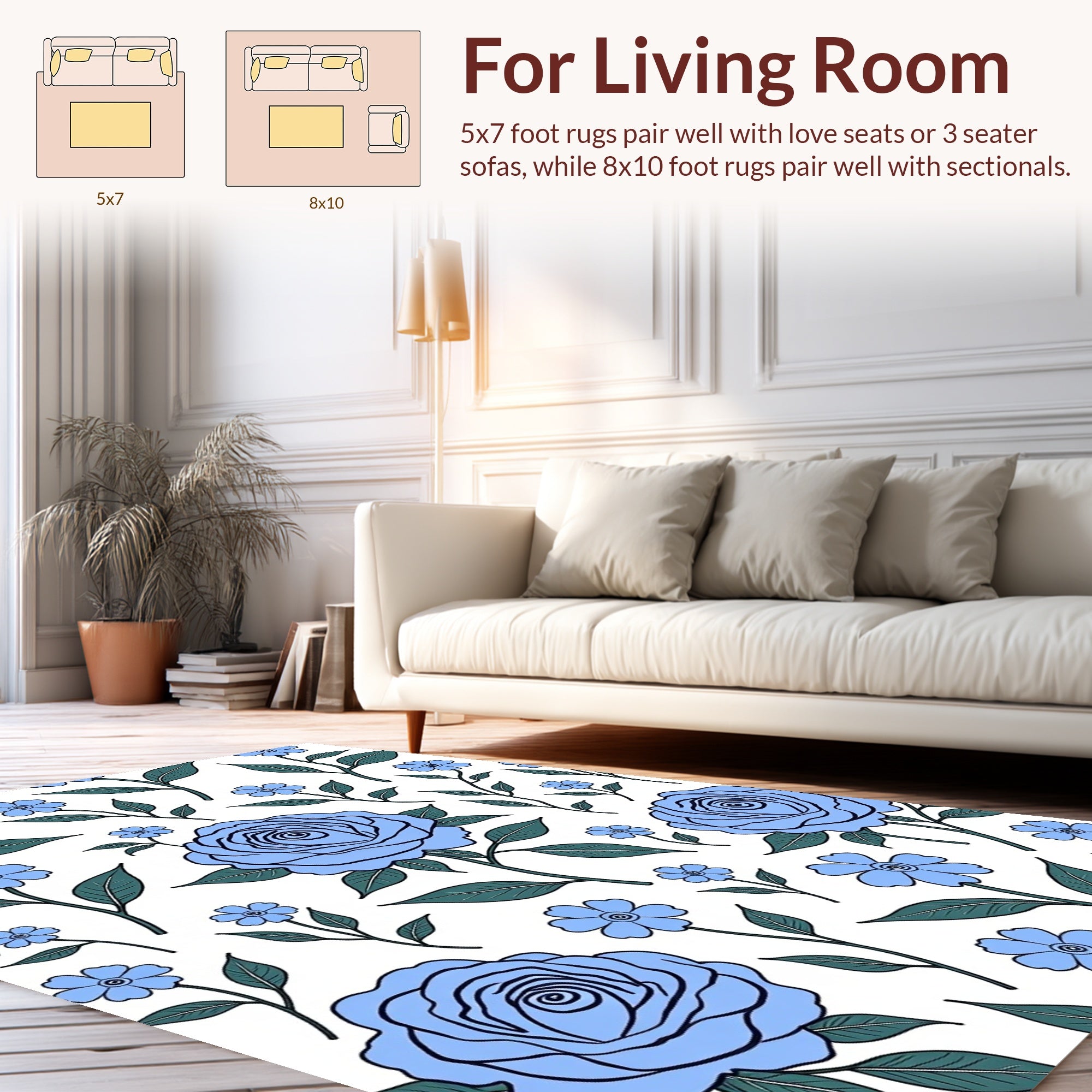 Blooming Blue Floral Outline Pattern Rug