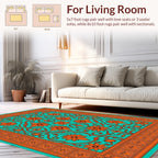 Orange Floral Swirl Patterned Teal Rug