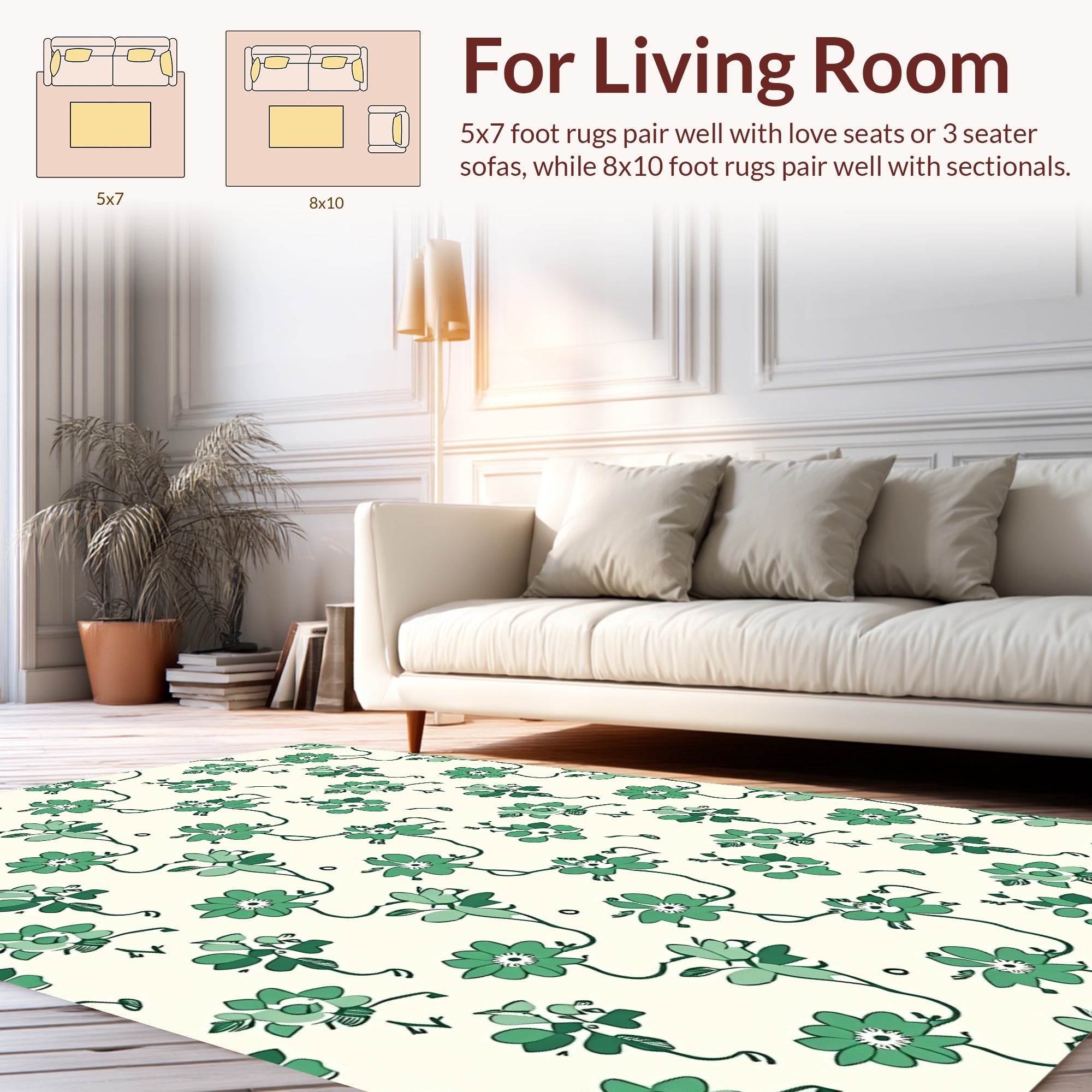 Whimsical Green Floral Vine Pattern Rug