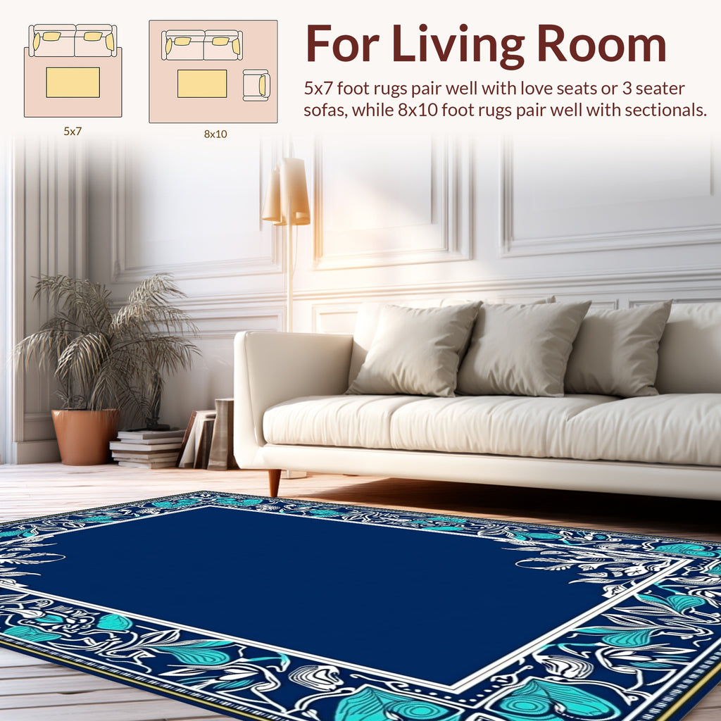Ornate Teal Floral Vine Border Rug
