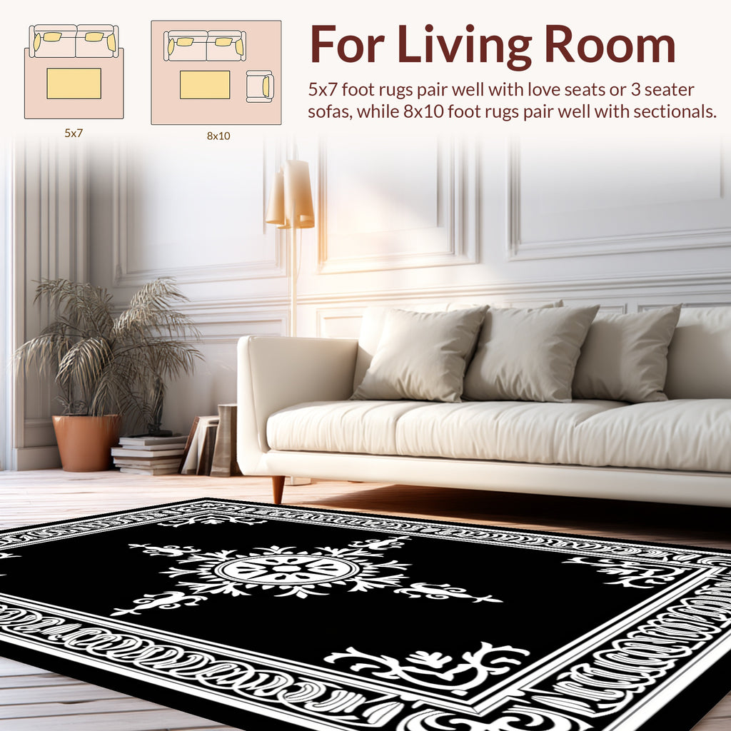 Classic Black White Ornate Floral Rug