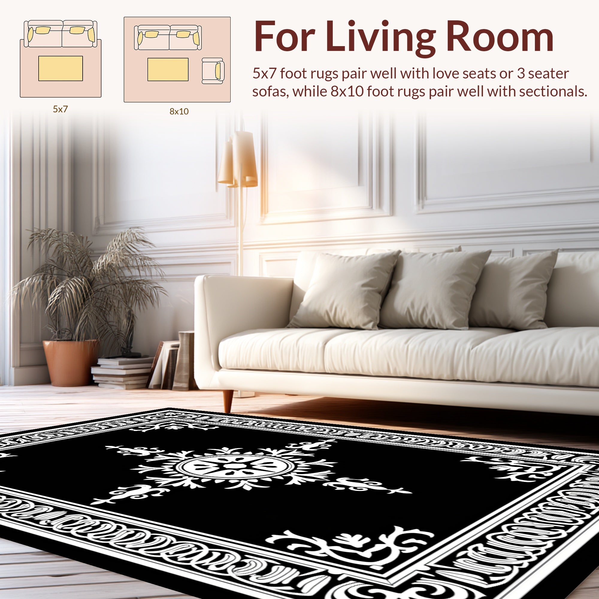Classic Black White Ornate Floral Rug