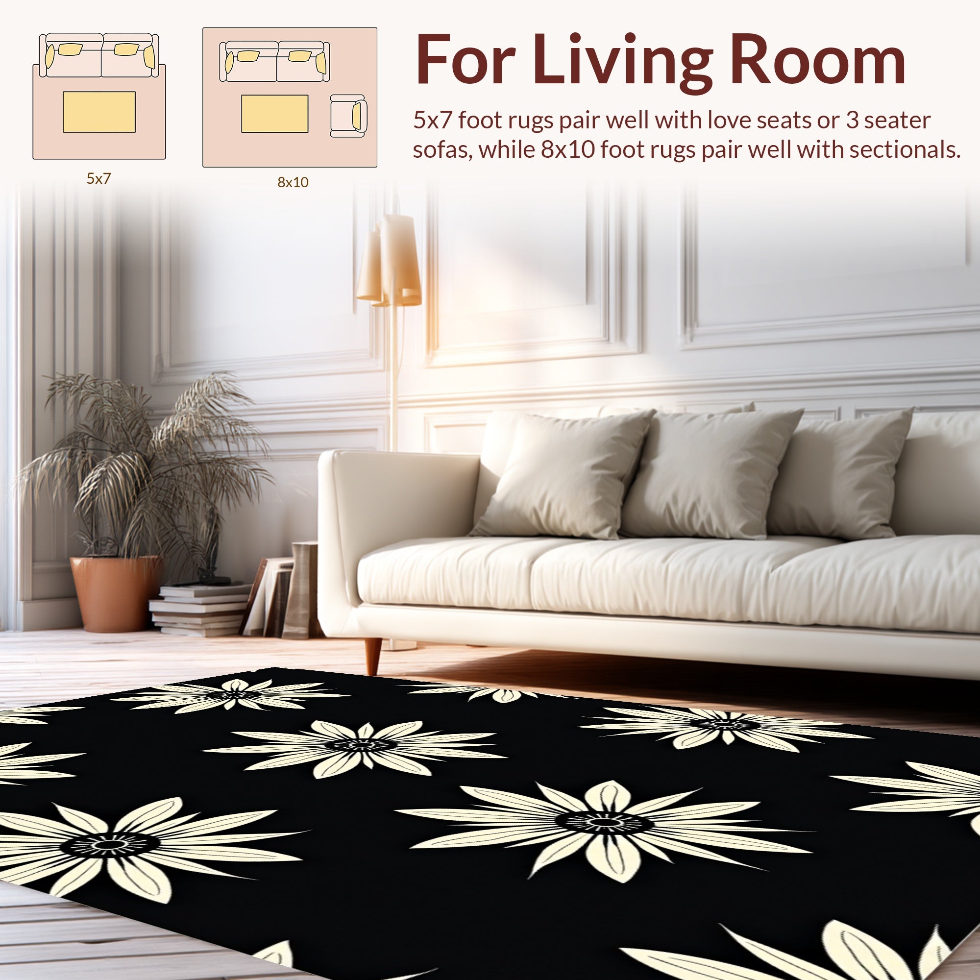Floral Black Cream Contrast Design Rug