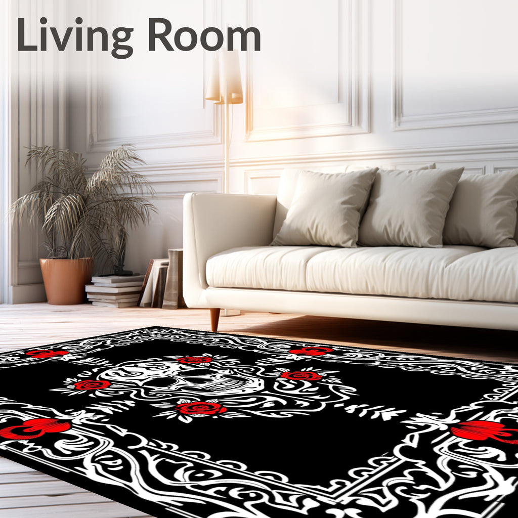 Black White Red Skull Roses Frame Rug