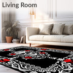 Black White Red Skull Roses Frame Rug