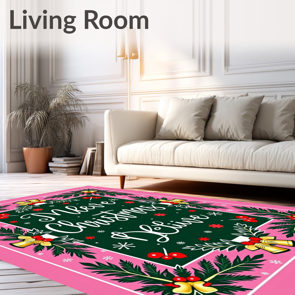 Merry Christmas Believe Holly Bells Rug