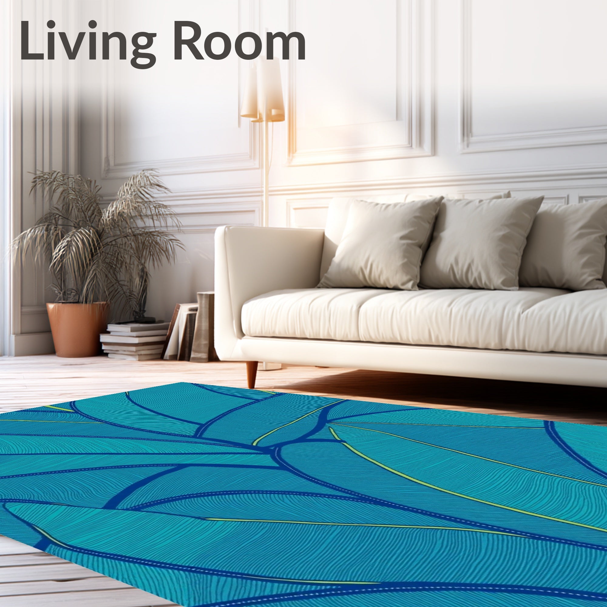 Teal Blue Tropical Leaf Composition Rug