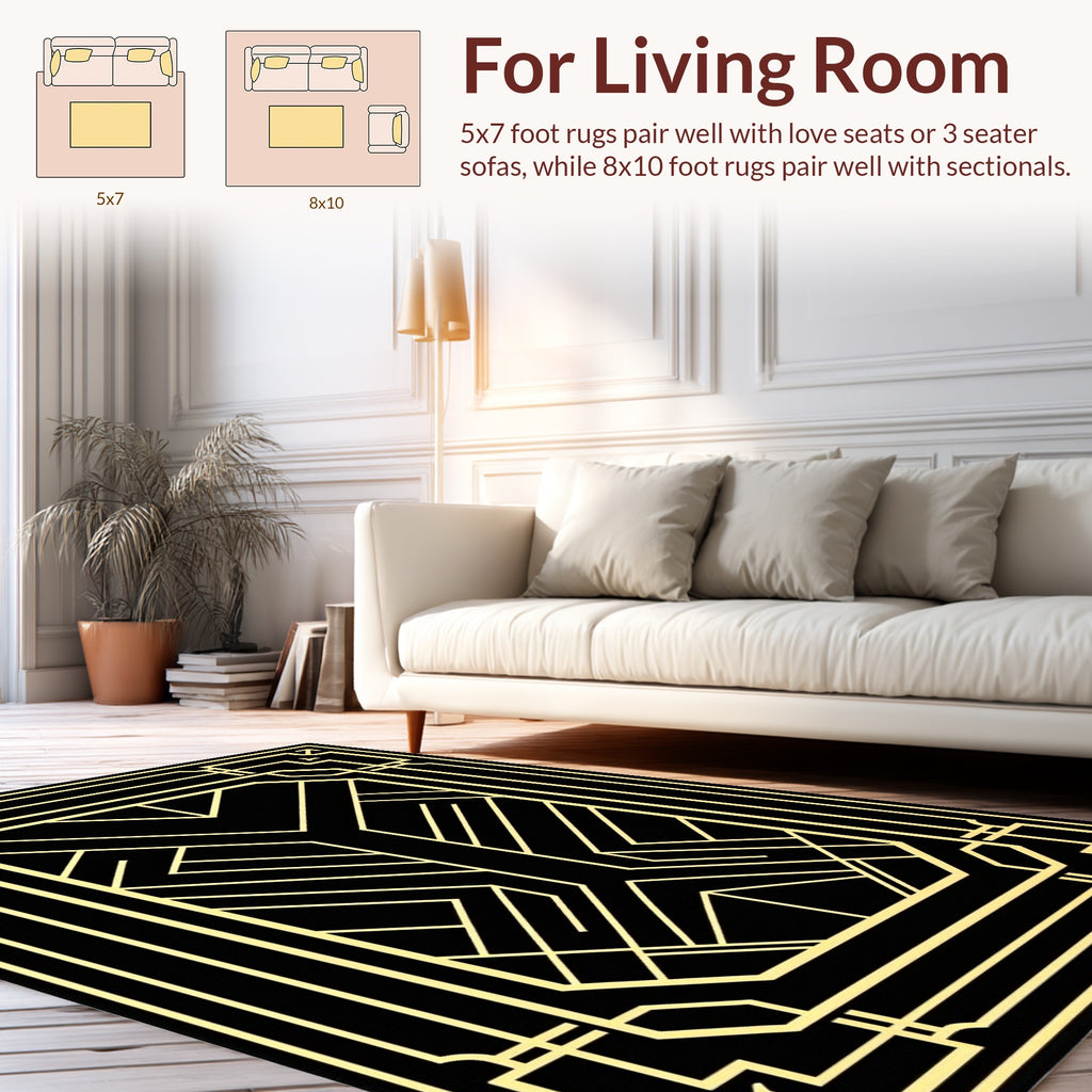 Art Deco Geometric Black Gold Pattern Rug