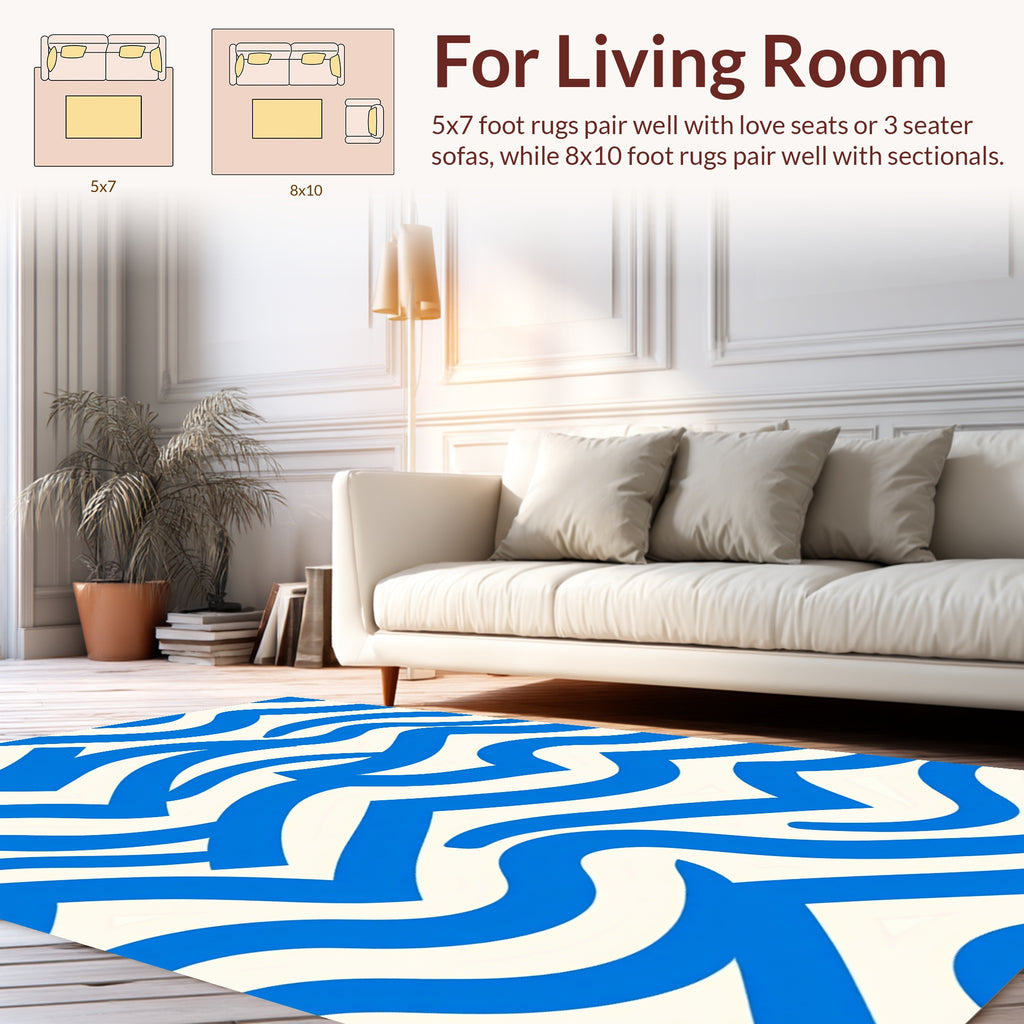 Bold Blue Abstract Wave Pattern Rug