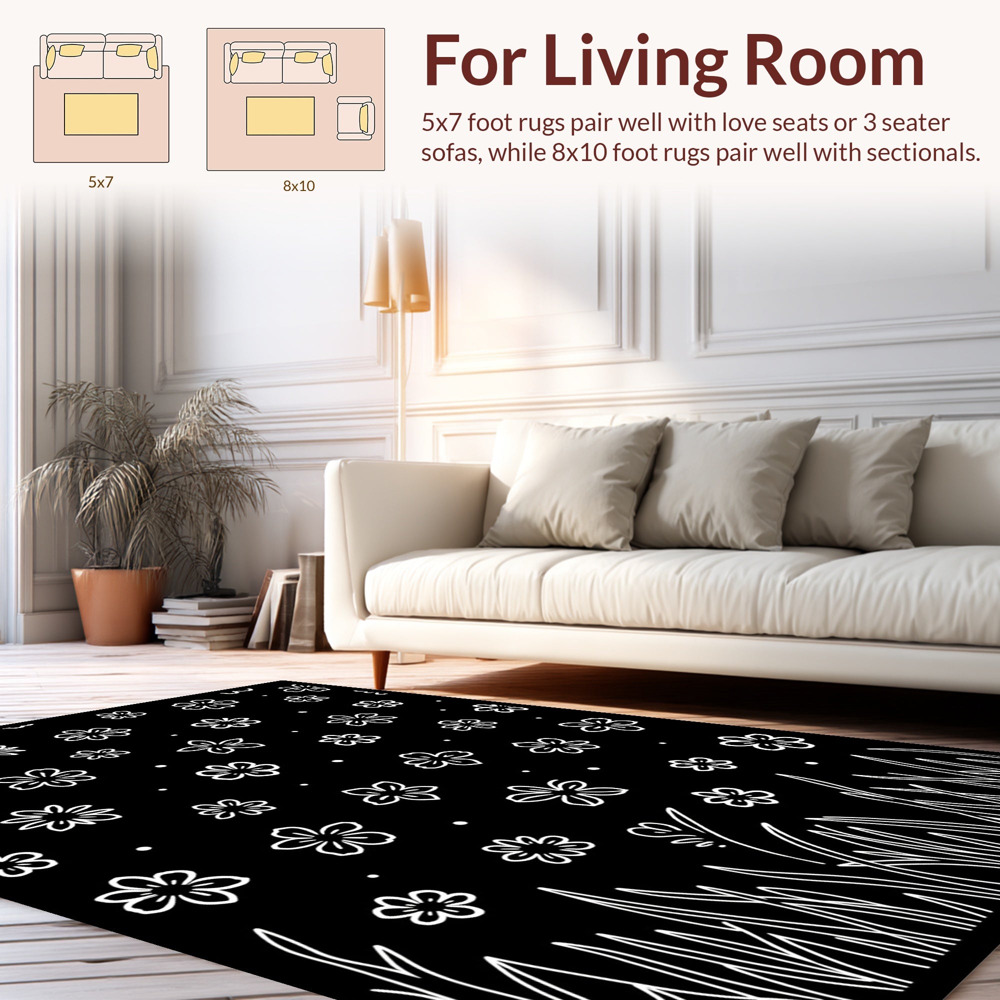 Black White Blooming Grass Flowers Rug