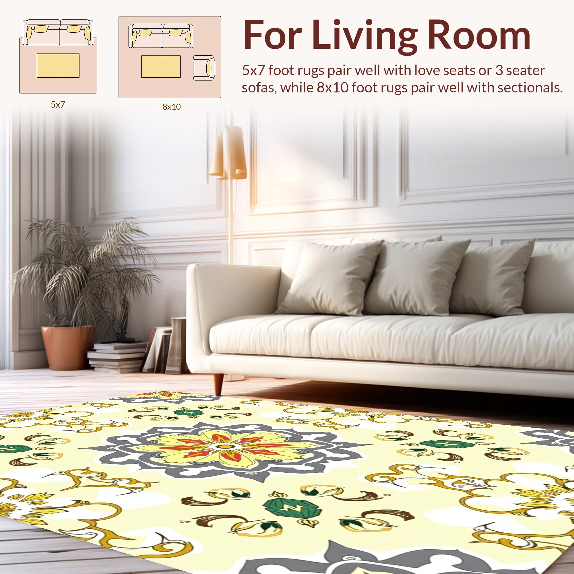Mandala Floral Yellow Grey Pattern Rug