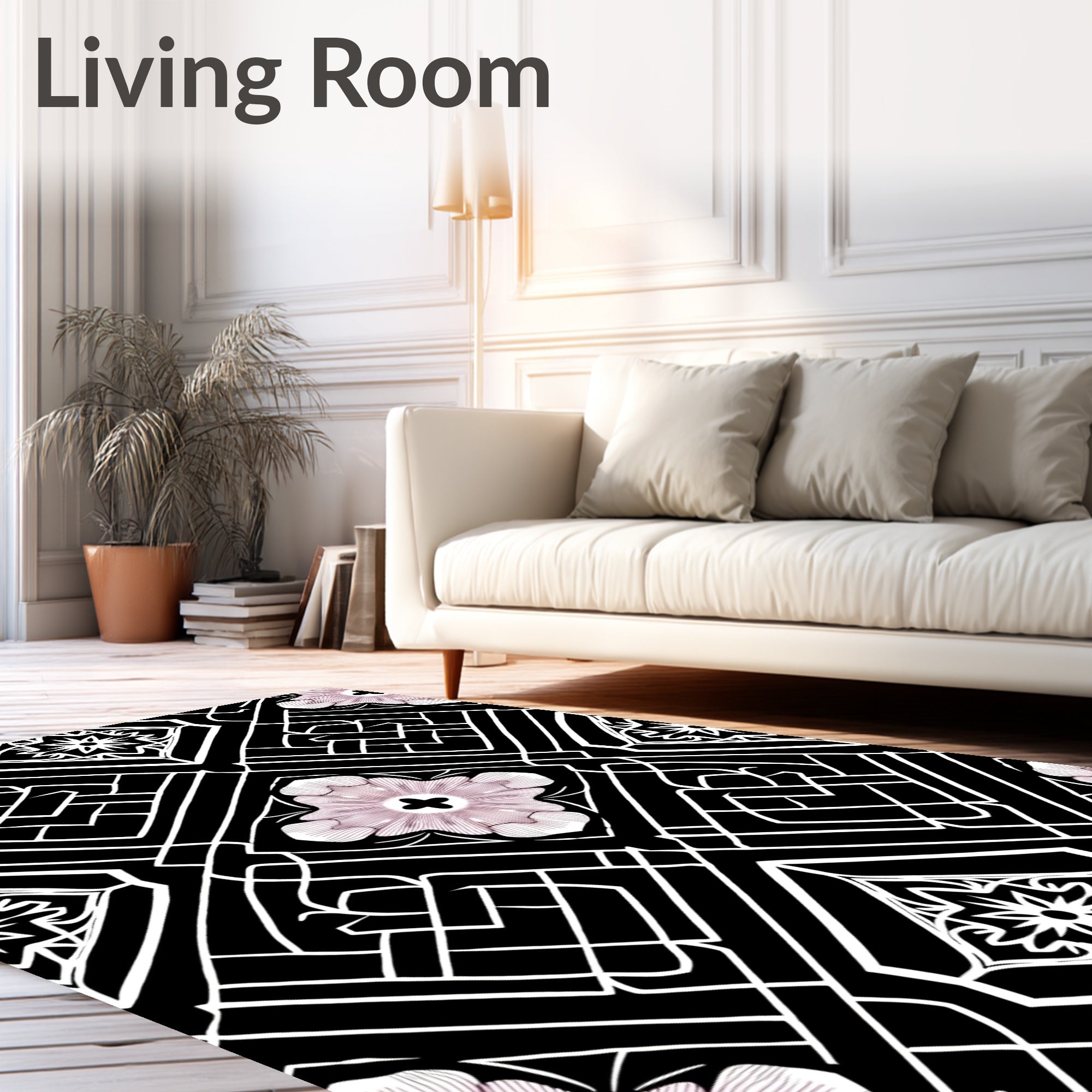 Art Deco Floral Geometric Black White Rug