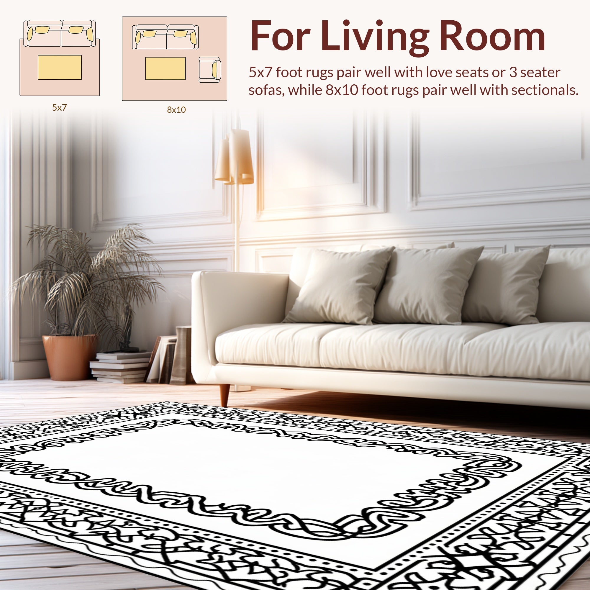 Intricate Black White Floral Patterned Rug
