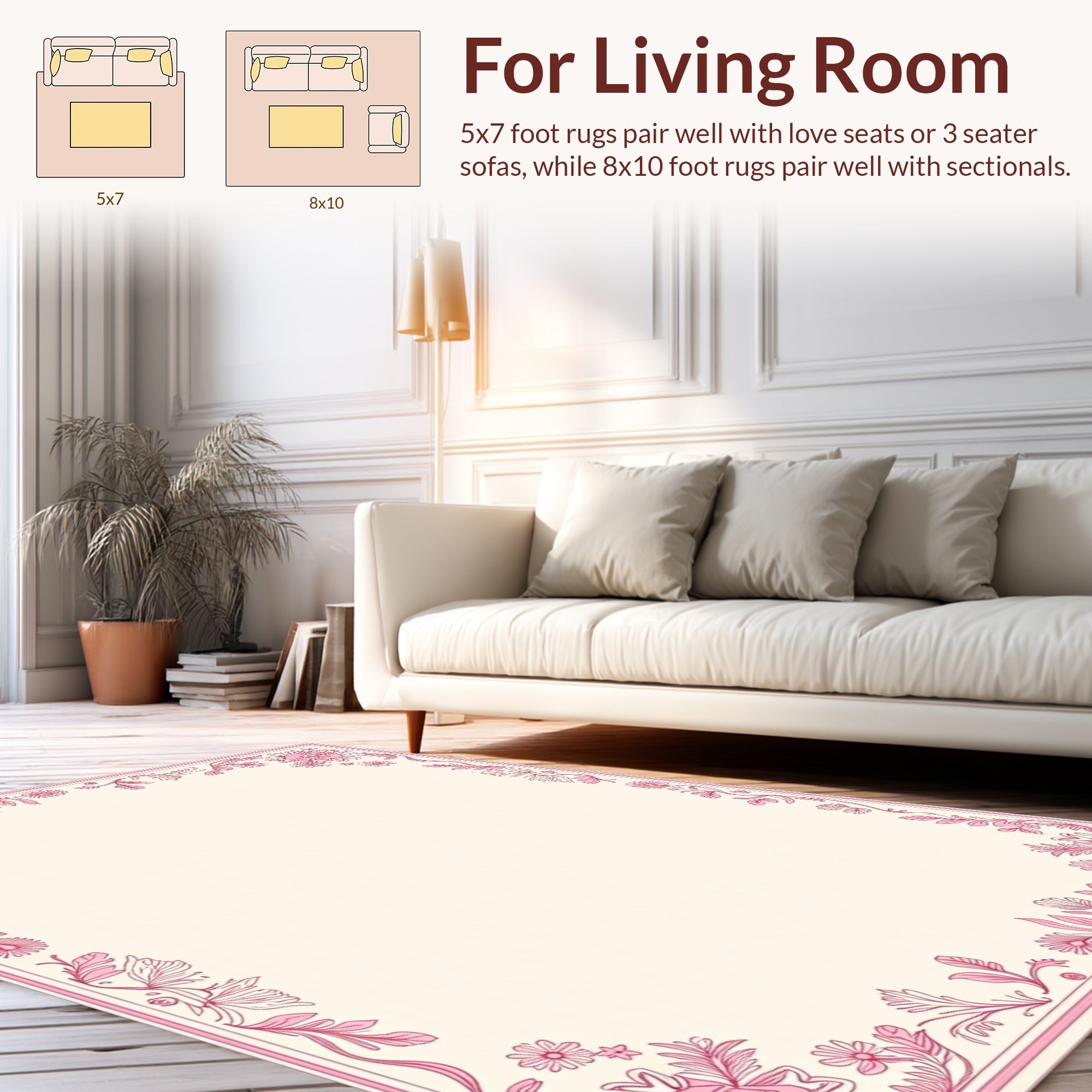 Pink Floral Scroll Border Design Rug