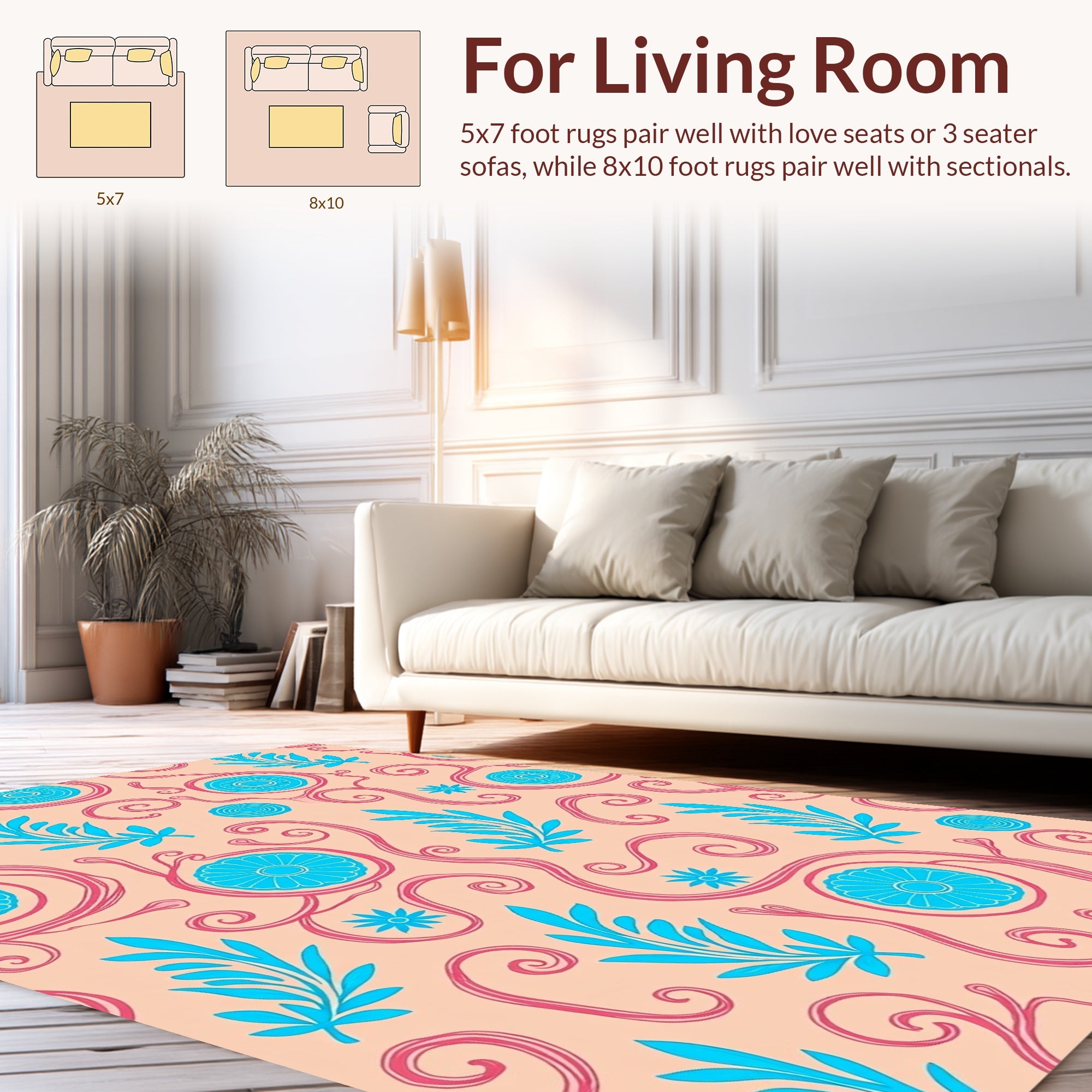 Coral Blue Swirl and Leaf Pattern Rug