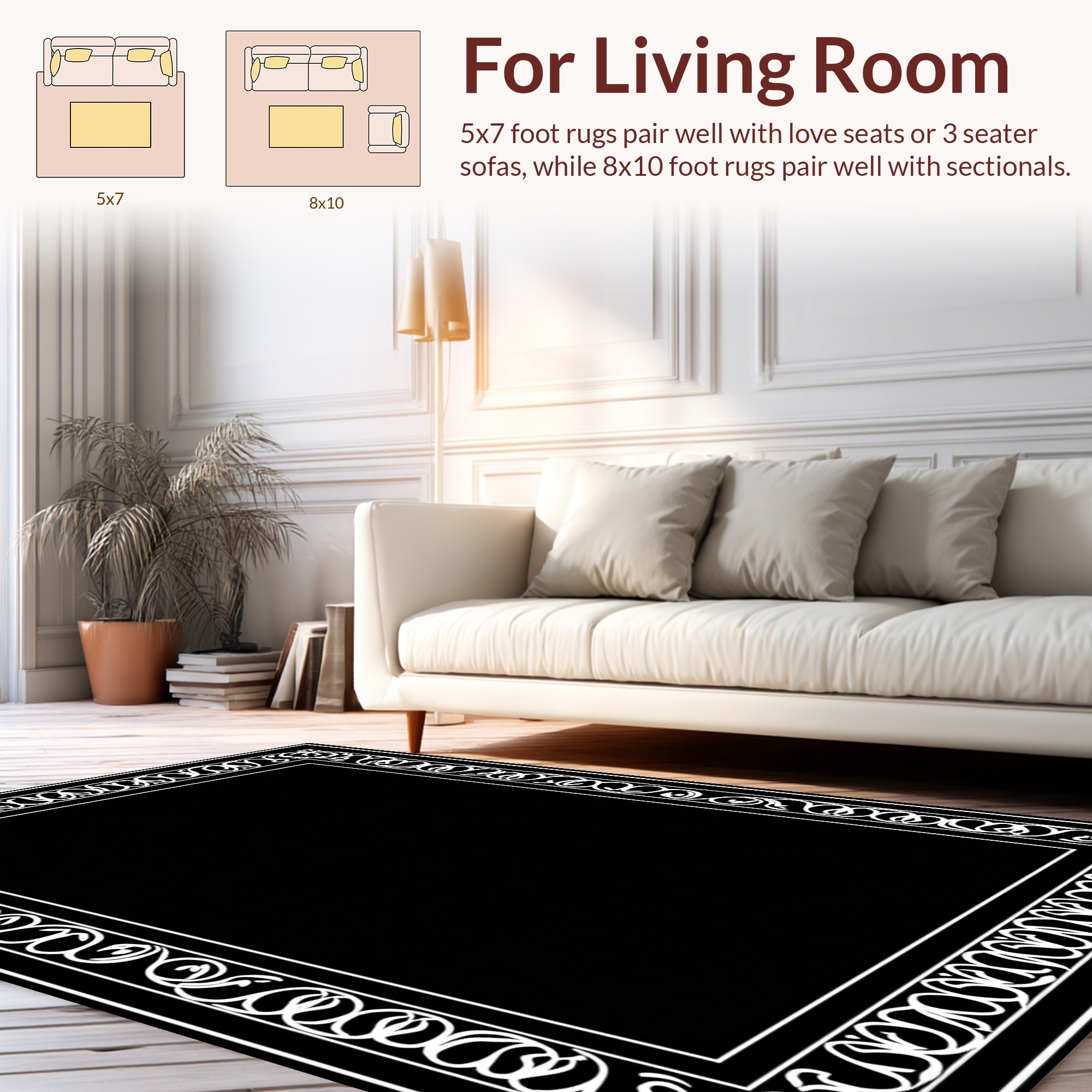 Classic White Floral Scroll Border Design Rug