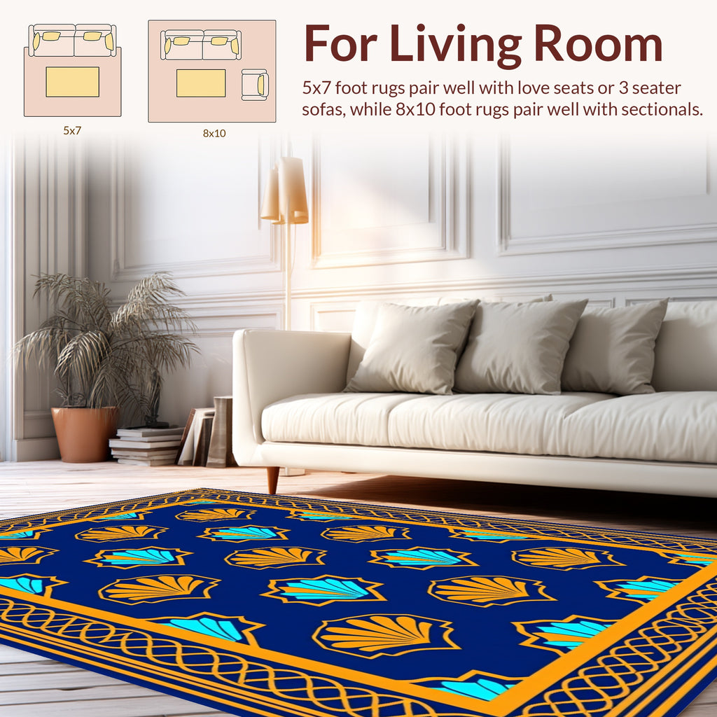 Bold Blue Orange Shell Pattern Rug