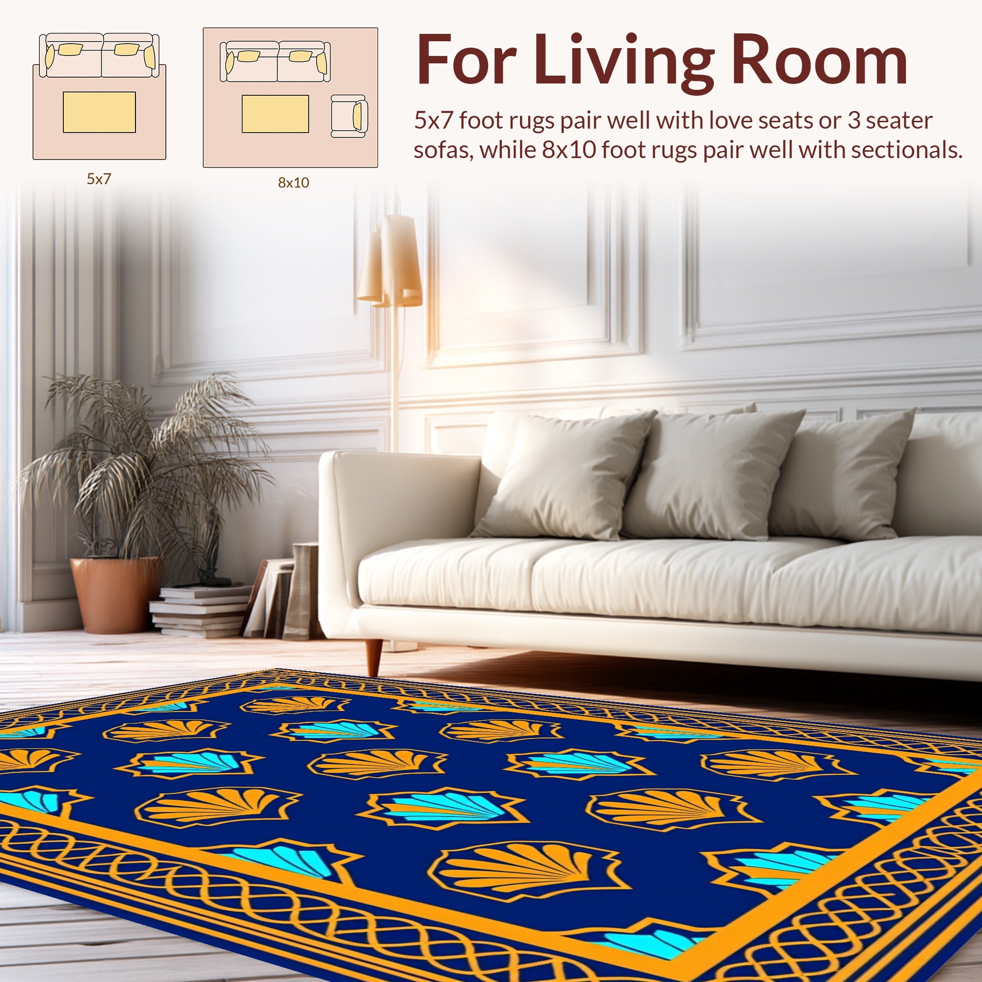 Bold Blue Orange Shell Pattern Rug