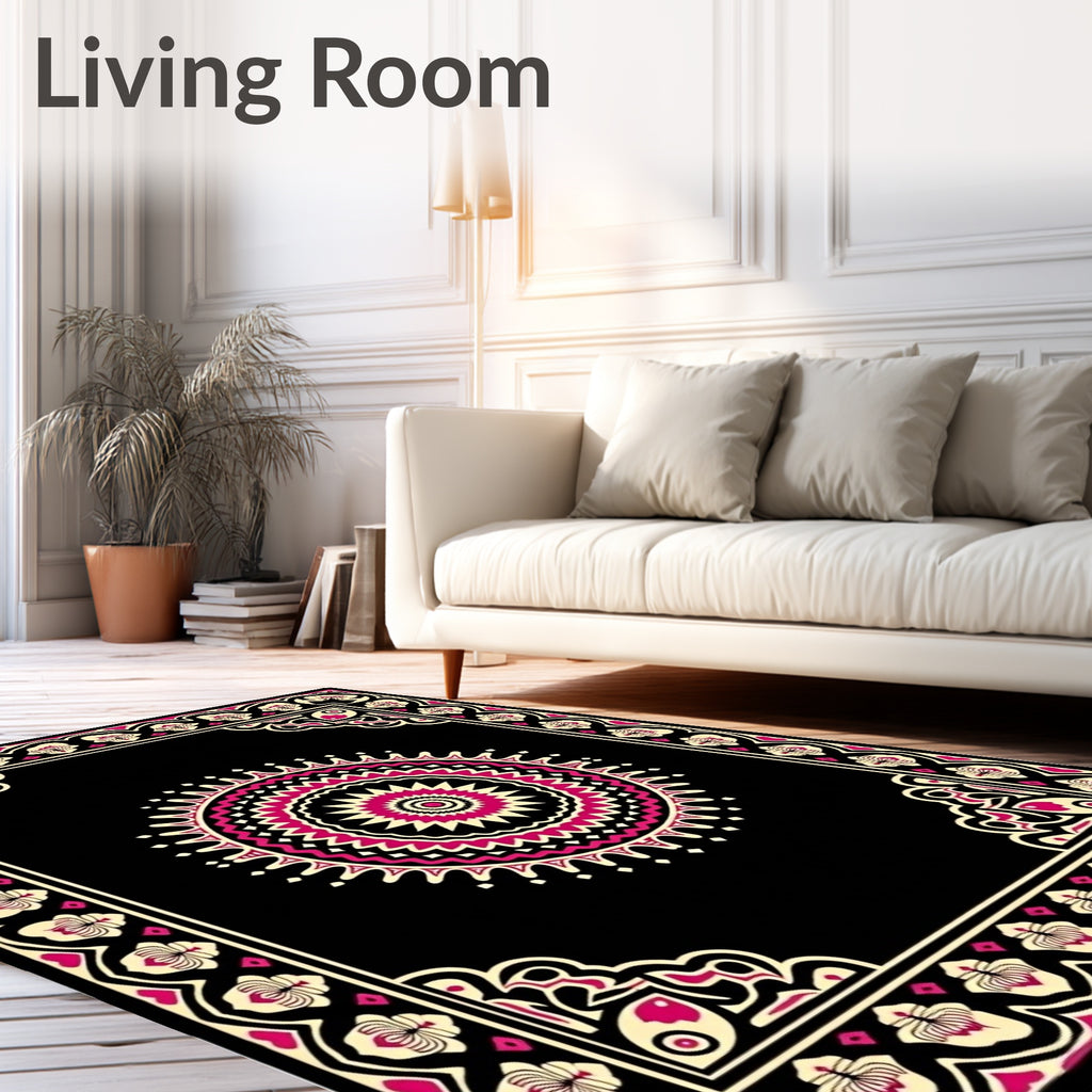 Crimson Black Floral Medallion Frame Rug