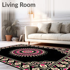 Crimson Black Floral Medallion Frame Rug