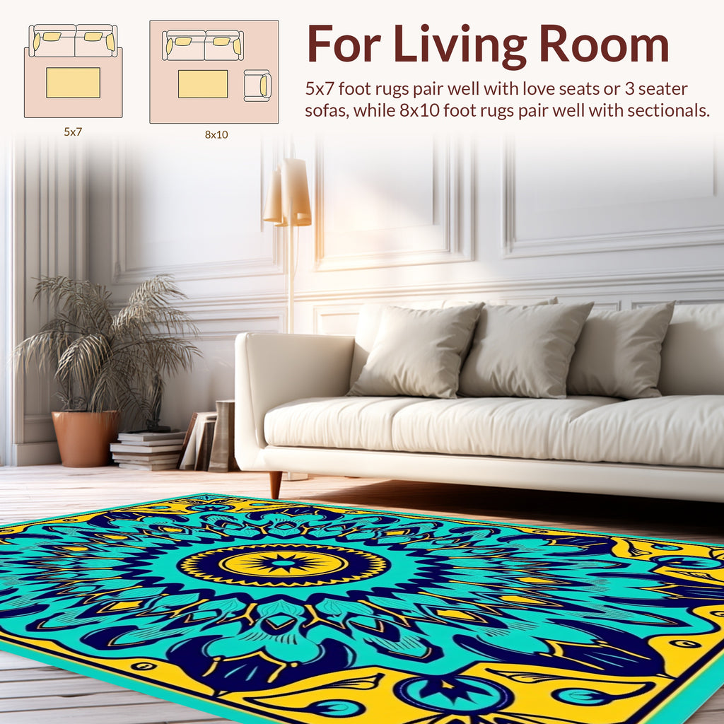 Bold Teal Yellow Sunburst Medallion Rug