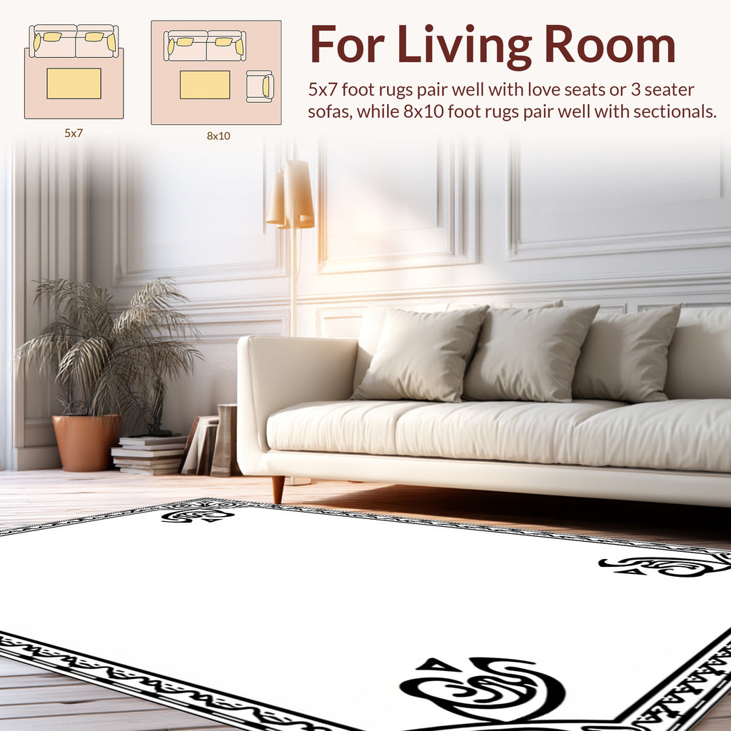 Ornate Black White Scrollwork Design Rug
