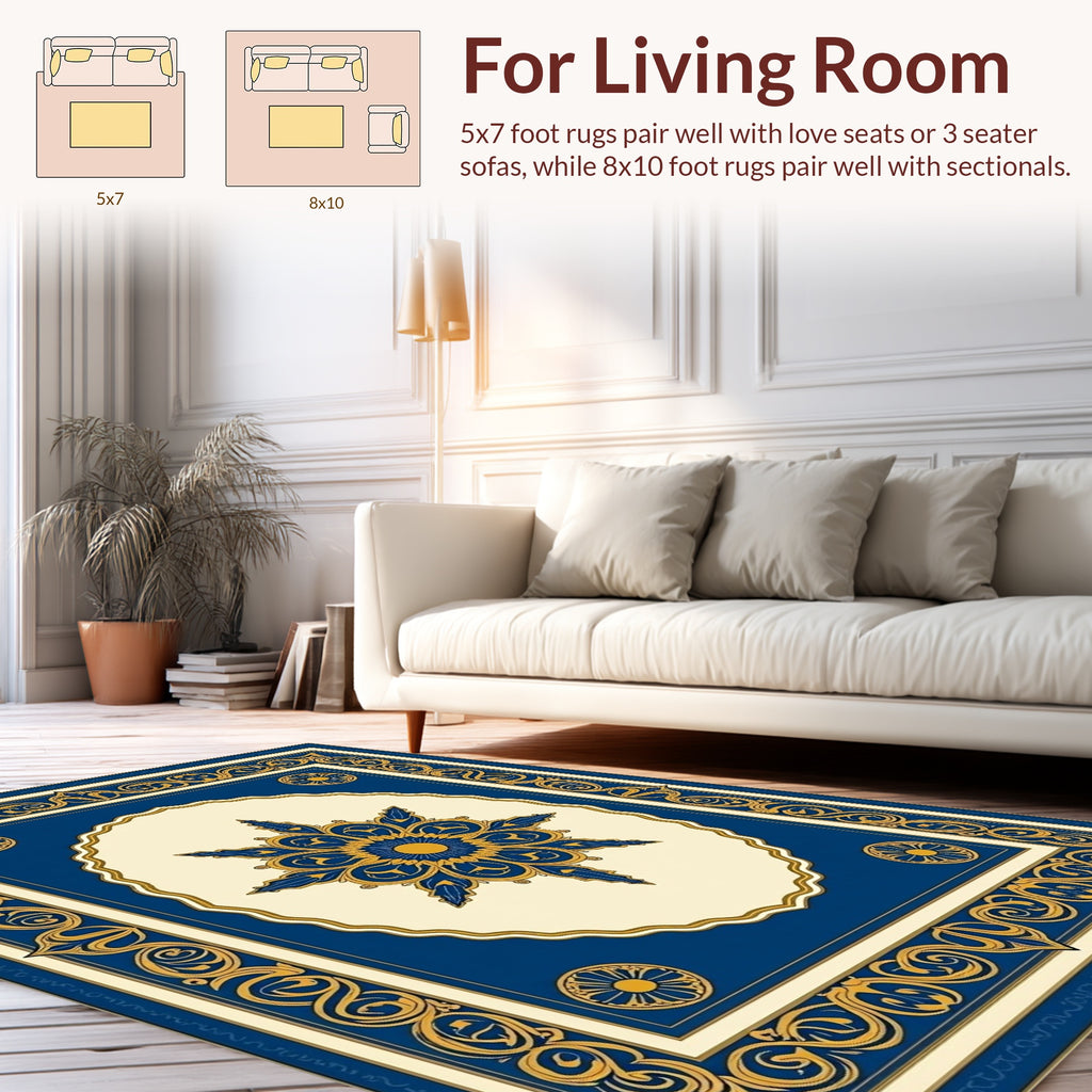 Ornate Blue Gold Floral Patterned Rug