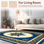 Ornate Blue Gold Floral Patterned Rug
