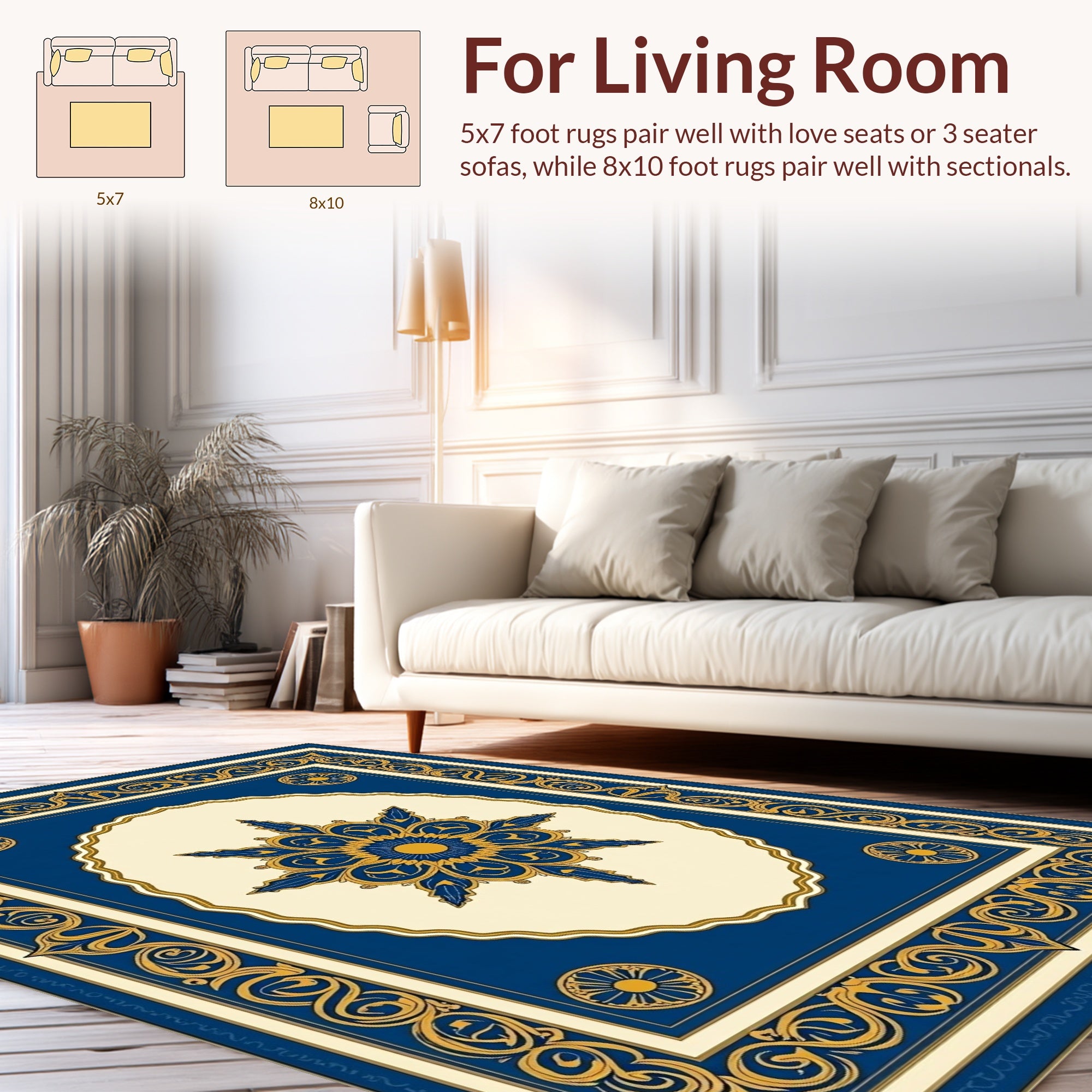 Ornate Blue Gold Floral Patterned Rug