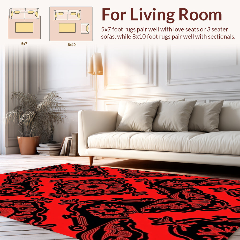 Red Black Ornate Damask Pattern Rug