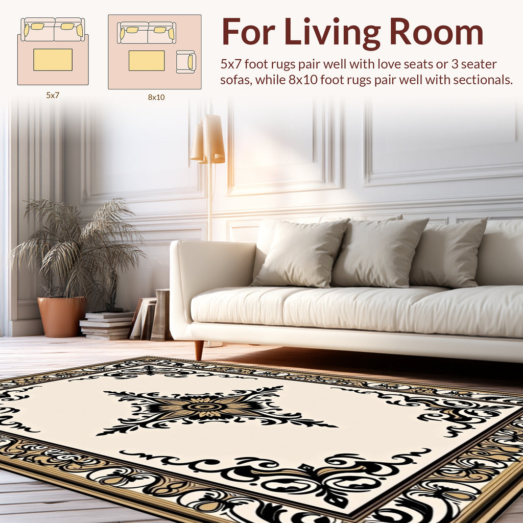 Ornate Black Gold Floral Motif Rug