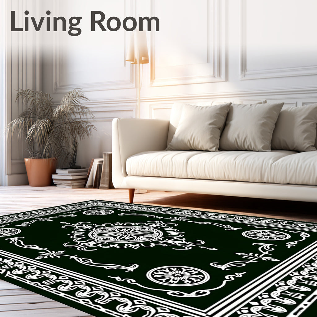 Dark Green White Filigree Medallion Rug