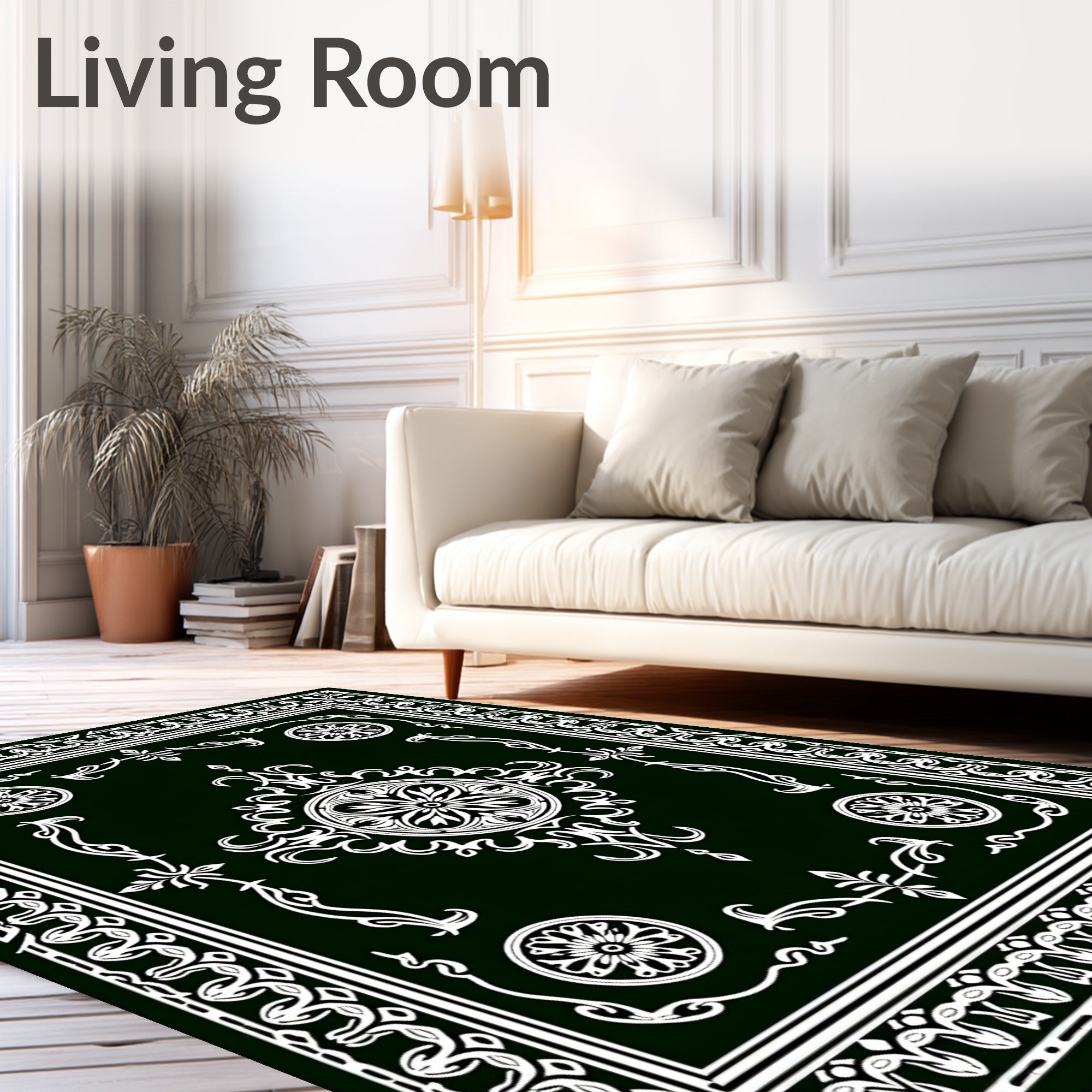 Dark Green White Filigree Medallion Rug