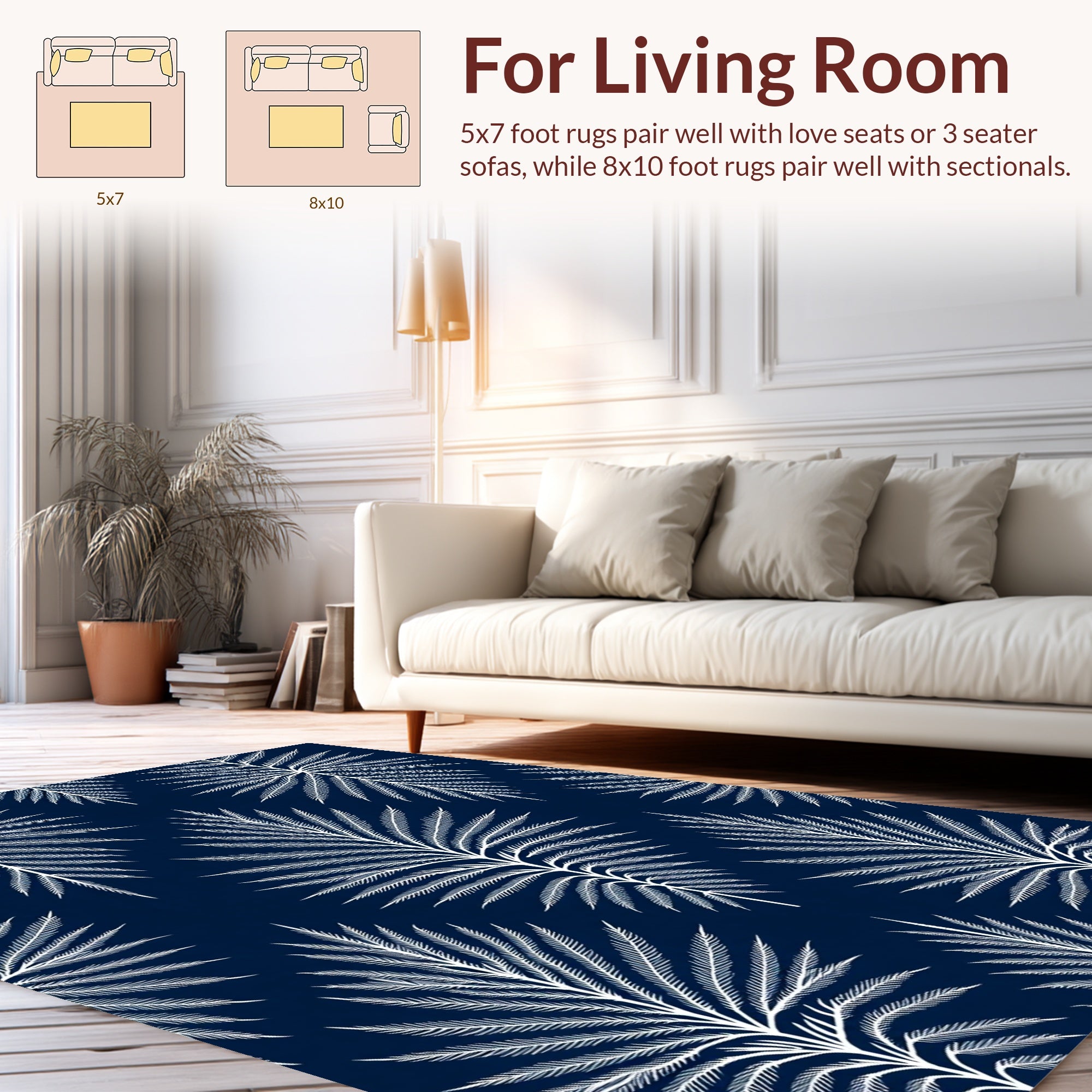 Dark Navy White Palm Frond Pattern Rug