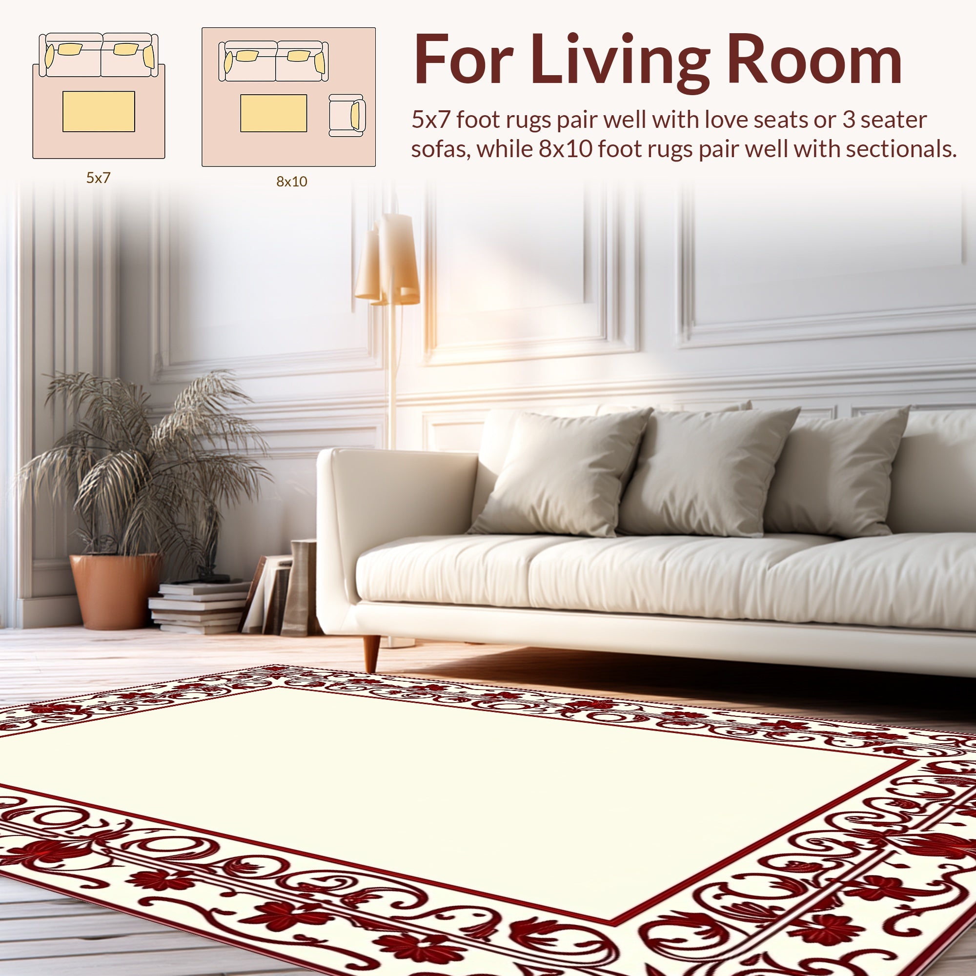 Rich Red Floral Vine Pattern Border Rug