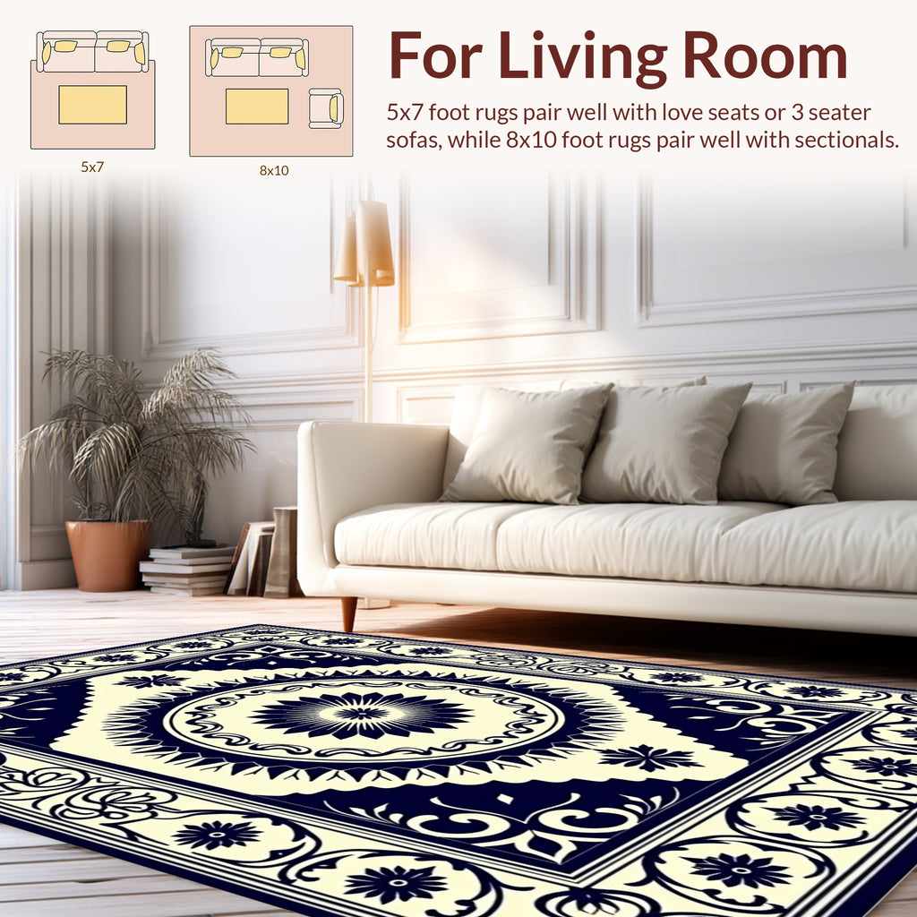 Classic Floral Medallion Ivory Navy Rug